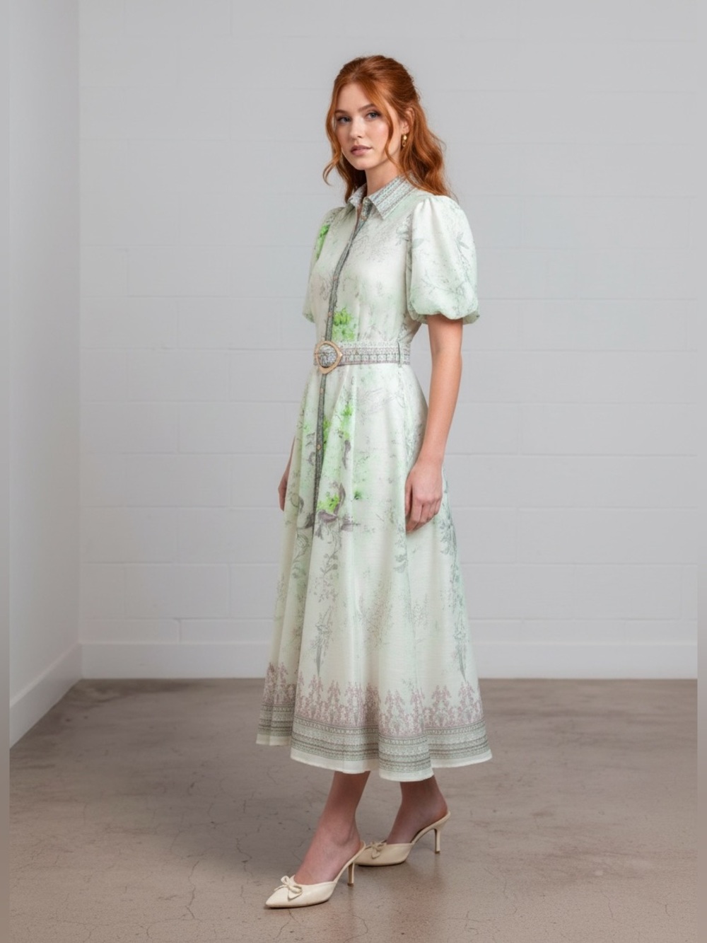 1326 • Mint Taupe & White Floral Woven Coarse Organza Puff Sleeve Belted Dress